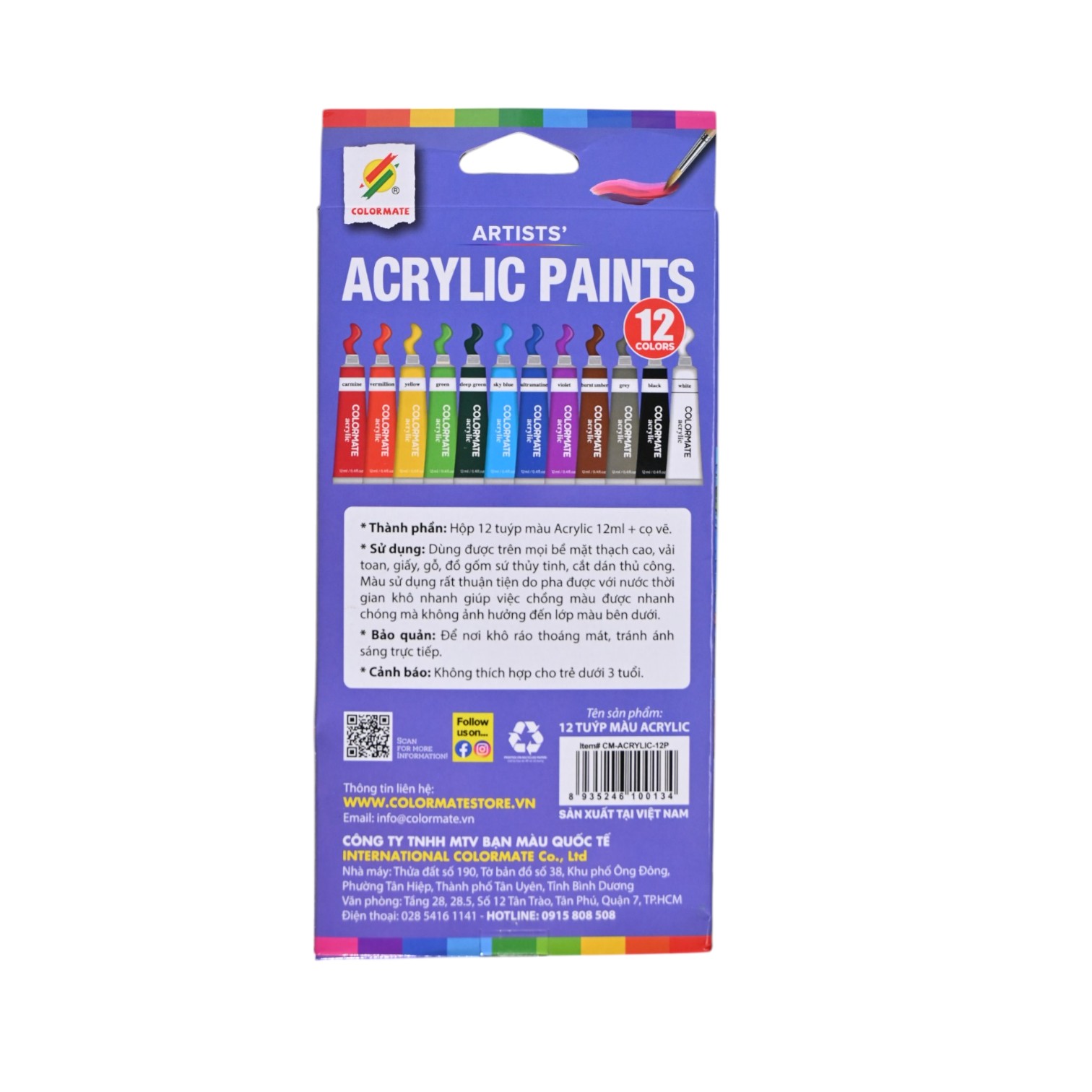 Colormate 12-Color Acrylic Paint Tube Set in Cardboard Box